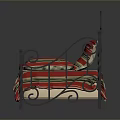 Vintage Iron Bed Frame With Red Striped Bedspread Pillow And Plaid Blanket