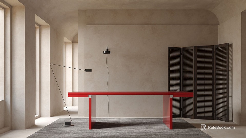 Modern Red Office Desk With Floor Lamp Gray Rug And Louvered Cabinets 3d model 