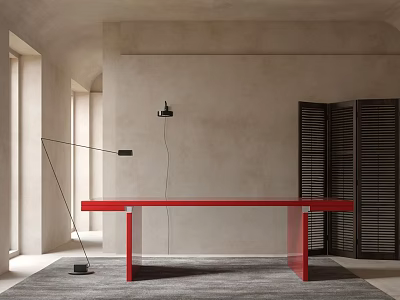 Modern Red Office Desk With Floor Lamp Gray Rug And Louvered Cabinets 3d model