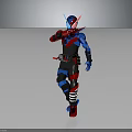 Armored Character With Insect Features In Red Blue Black Armor And Striped Details Standing Pose
