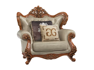 Elegant Carved Wooden Frame Single Sofa With Light Leather Upholstery And GG Logo Pillows 3d model