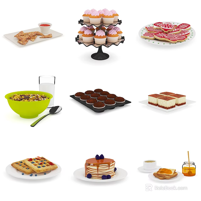 Assorted Food Display With Cupcakes Pancakes Waffles Cereal Cookies And Coffee 3d model 