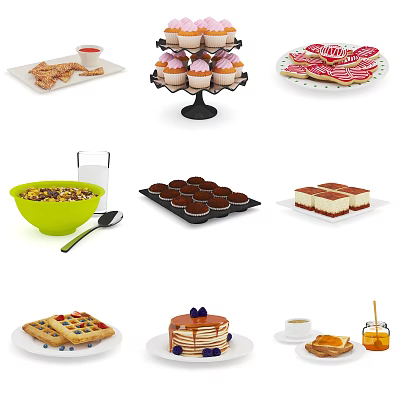 Assorted Food Display With Cupcakes Pancakes Waffles Cereal Cookies And Coffee 3d model Assorted Food Display With Cupcakes Pancakes Waffles Cereal Cookies And Coffee 3d model