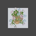 Cute Kitten Sitting In Wicker Basket With Roses Blue Flowers And Pink Bow On Table