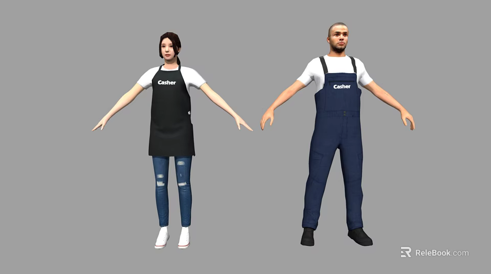 Two People Wearing Cater Aprons Female In Black Apron Ripped Jeans And Male Blue Overalls 3d model 