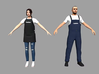 Two People Wearing Cater Aprons Female In Black Apron Ripped Jeans And Male Blue Overalls 3d model