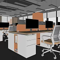 Modern Open Public Office Interior With Multiple Workstations Desks Computers Chairs Windows And Lighting 3d model