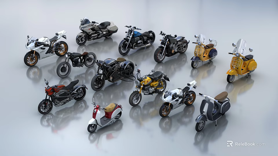 Diverse Collection Of Motorcycles Featuring Vintage Modern And Scooter Styles Arranged On Smooth Surface 3d model 