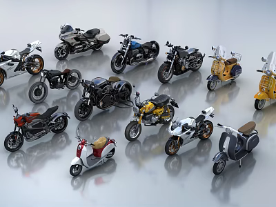 Diverse Collection Of Motorcycles Featuring Vintage Modern And Scooter Styles Arranged On Smooth Surface 3d model