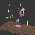 Tabletop Scene With Wooden Surface Floating Teapot Teacup And Scattered Playing Cards