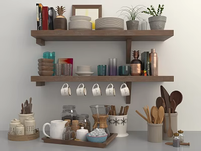 Organized Kitchenware Display On Wooden Shelves With Dishes Mugs Jars And Potted Plants 3d model