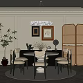 Modern Restaurant Interior Featuring Round Dining Table Chairs Pendant Light Rattan Screen And Potted Plant