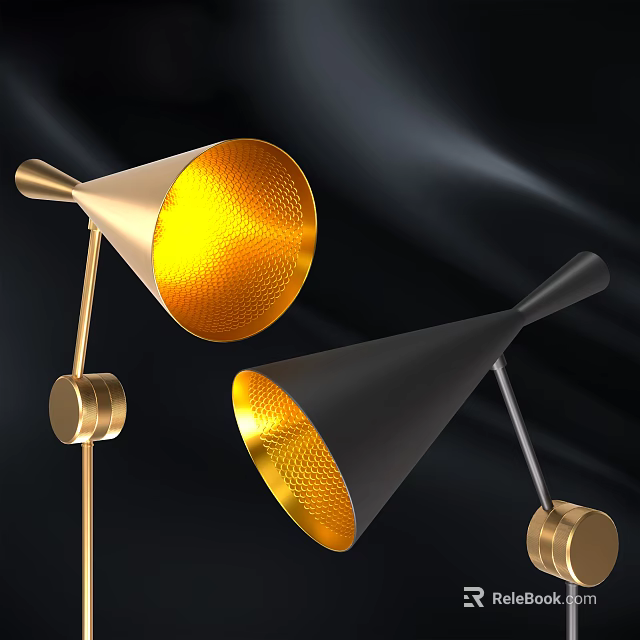 Modern Gold and Black Conical Wall Lamps With Warm Yellow Light And Metal Bases 3d model 