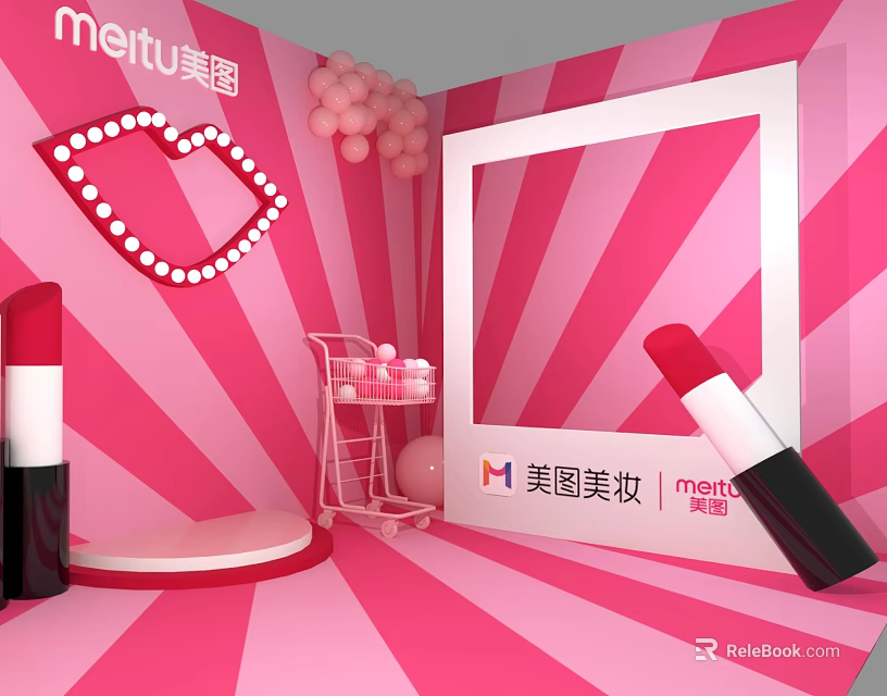 Meitu Beauty Themed Photo Check In Spot With Pink Background Lip Neon Light And Lipsticks 3d model 