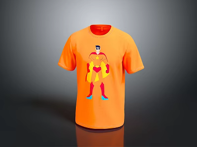 Orange T-shirt With Cartoon Superhero Graphic In Red Yellow Costume And Blue Shoes 3d model