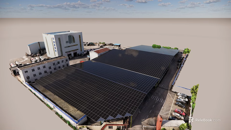 Industrial Building Complex With Solar Panel Roof And Surrounding Vehicles 3d model