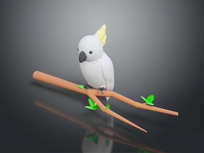 White Cockatoo With Yellow Crest Perched On Tree Branch With Green Leaves And Dark Background 3d model