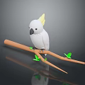White Cockatoo With Yellow Crest Perched On Tree Branch With Green Leaves And Dark Background