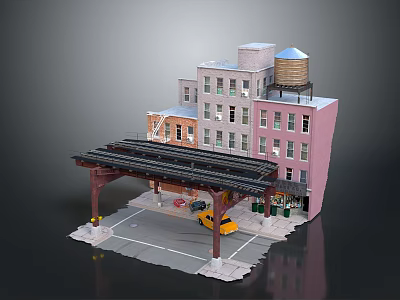 Multi Story Building With Water Tower Pink Facade And Parking Area Featuring Construction Vehicle 3d model