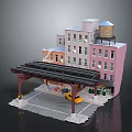 Multi Story Building With Water Tower Pink Facade And Parking Area Featuring Construction Vehicle