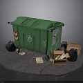 Green Trash Bin With Black Garbage Bags And Open Cardboard Boxes On Ground