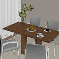 Modern Wooden Dining Table Set With Yellow Chairs Green Plant And Pears