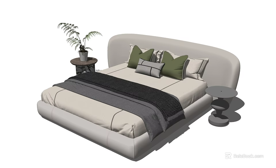Modern Double Bed With Curved Headboard Green Grey Pillows Blanket And Nightstand Plant 3d model 