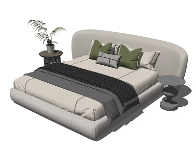 Modern Double Bed With Curved Headboard Green Grey Pillows Blanket And Nightstand Plant 3d model