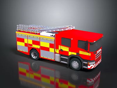 Red Fire Truck with Yellow and Red Stripes Equipped with Ladder on Top 3D Rendering 3d model