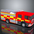 Red Fire Truck with Yellow and Red Stripes Equipped with Ladder on Top 3D Rendering