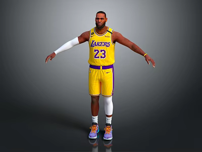 Man in Lakers 23 Yellow Jersey With White Arm Sleeves Yellow Shorts Colorful Sneakers 3d model