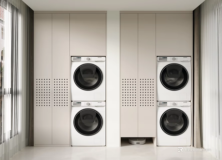 Modern Stackable Washer Dryer With Perforated Cabinets In Minimalist Laundry Room 3d model