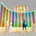 Golden Display Shelves With Candles In Colorful Background With Woman Playing Violin