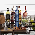 Stylish Bar Setup With Wine Bottles Glasses Ice Bucket Wooden Tray And Snacks