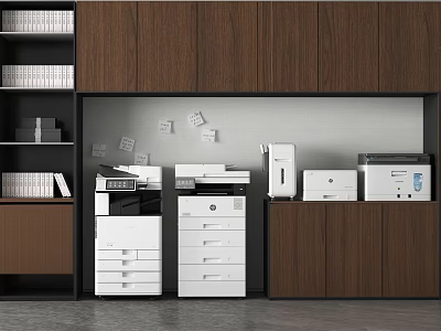 Organized Office Equipment Area With Wooden Cabinets Filing Cabinets Printers And Sticky Notes 3d model