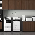 Organized Office Equipment Area With Wooden Cabinets Filing Cabinets Printers And Sticky Notes