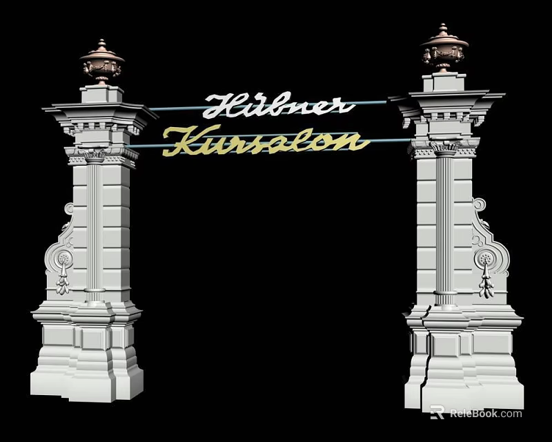Elegant White Entrance Gate With Ornate Pillars Golden Decorations And Kibler Karsalon Inscription 3d model 