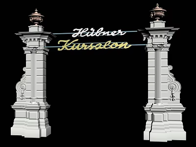 Elegant White Entrance Gate With Ornate Pillars Golden Decorations And Kibler Karsalon Inscription 3d model
