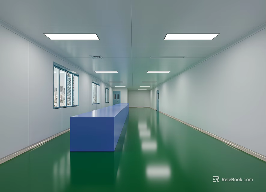 Laboratory Corridor With Blue Reception Desk Green Floor White Walls Multiple Windows And Ceiling Lights 3d model 