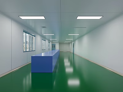 Laboratory Corridor With Blue Reception Desk Green Floor White Walls Multiple Windows And Ceiling Lights 3d model