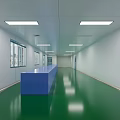 Laboratory Corridor With Blue Reception Desk Green Floor White Walls Multiple Windows And Ceiling Lights