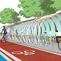 Colorful Curved Canopy Along Bicycle Path With Pedestrians Cycling And Greenery