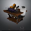 Wooden Workbench Display with Purple Beetle Orange Device and Transparent Jar Setup