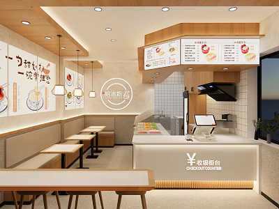 Warm Dessert Shop Interior Design With Wooden Counter Menu Boards Tables And Cozy Seating 3d model