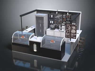 Modern Cafe Interior With Glass Display Cases Counter And Menu Boards 3d model