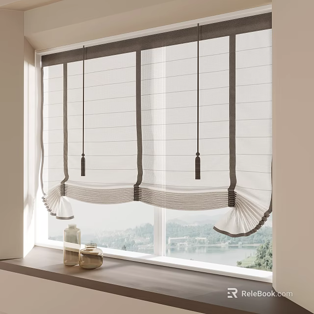 Elegant Striped Curtain Design For Window With Decorative Tassels And Scenic View 3d model 