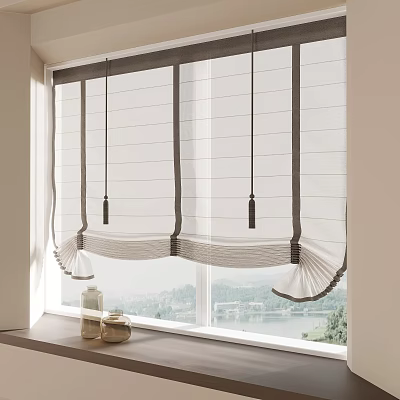 Elegant Striped Curtain Design For Window With Decorative Tassels And Scenic View 3d model