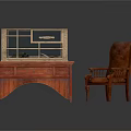 Vintage Wooden Desk And Brown Leather Armchair With Glass Doors Metal Accents And Button Tufting