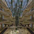 Modern Shopping Mall Atrium with Multiple Escalators Large Green Plant and Round White Tables
