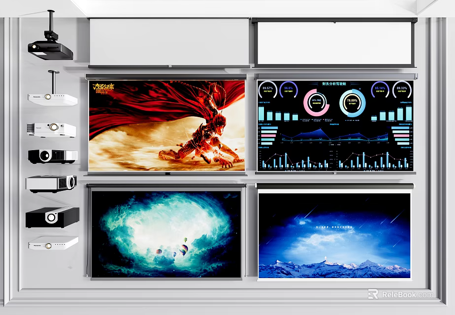 Projection Monitoring System Featuring Multiple Projector Devices And Surveillance Screens Displaying Visual Content 3d model 